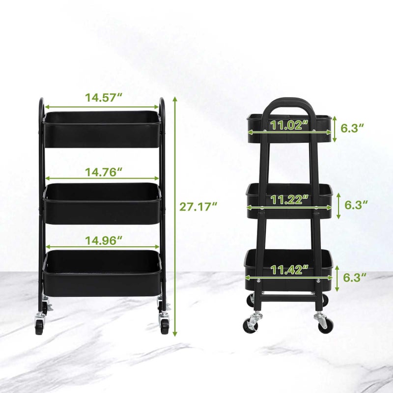 AGTEK Makeup Cart, Movable Rolling Organizer Cart, Black 3 Tier Metal Utility Cart - Image 4